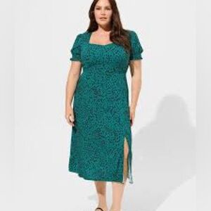 Torrid Midi Dress Green Leopard 2X Sweetheart Tea Length A-Line‎ Retro Feminine